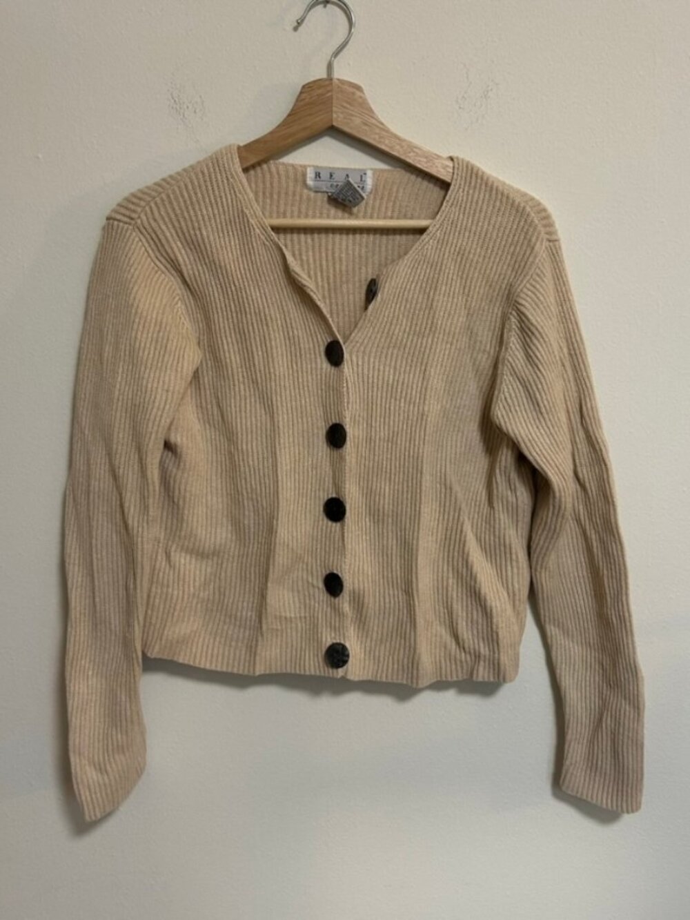 Real Comfort Classic Vintage 90s Button Tan Cardigan Cotton/Ramie Knit Sz M EUC